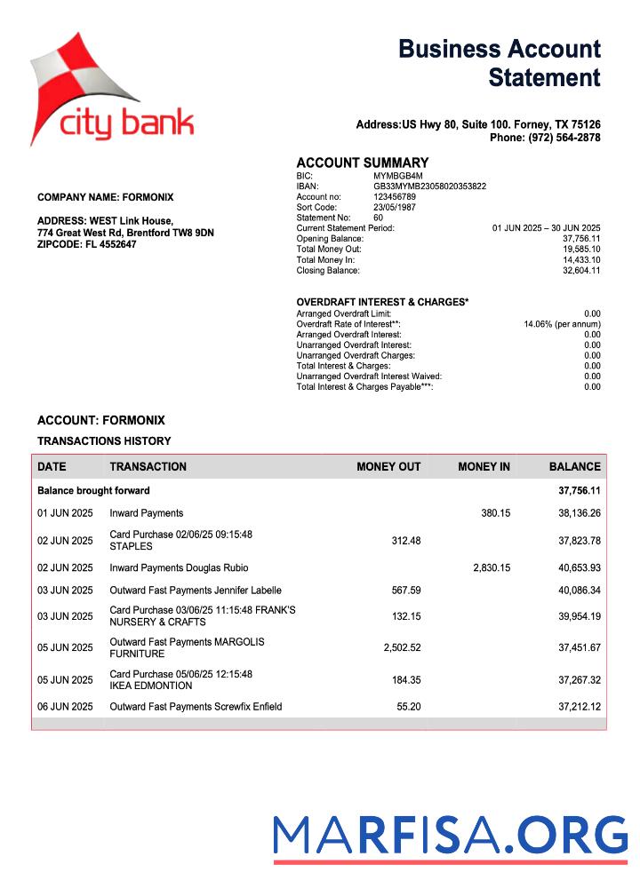 Blank USA City Bank enterprise statement Word and PDF template